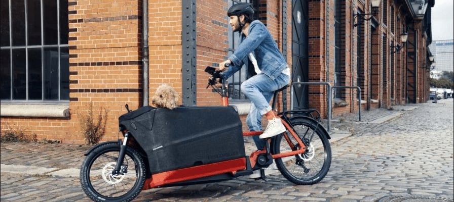 Mann auf rotem E-Lastenrad mit Hund in urbaner Umgebung