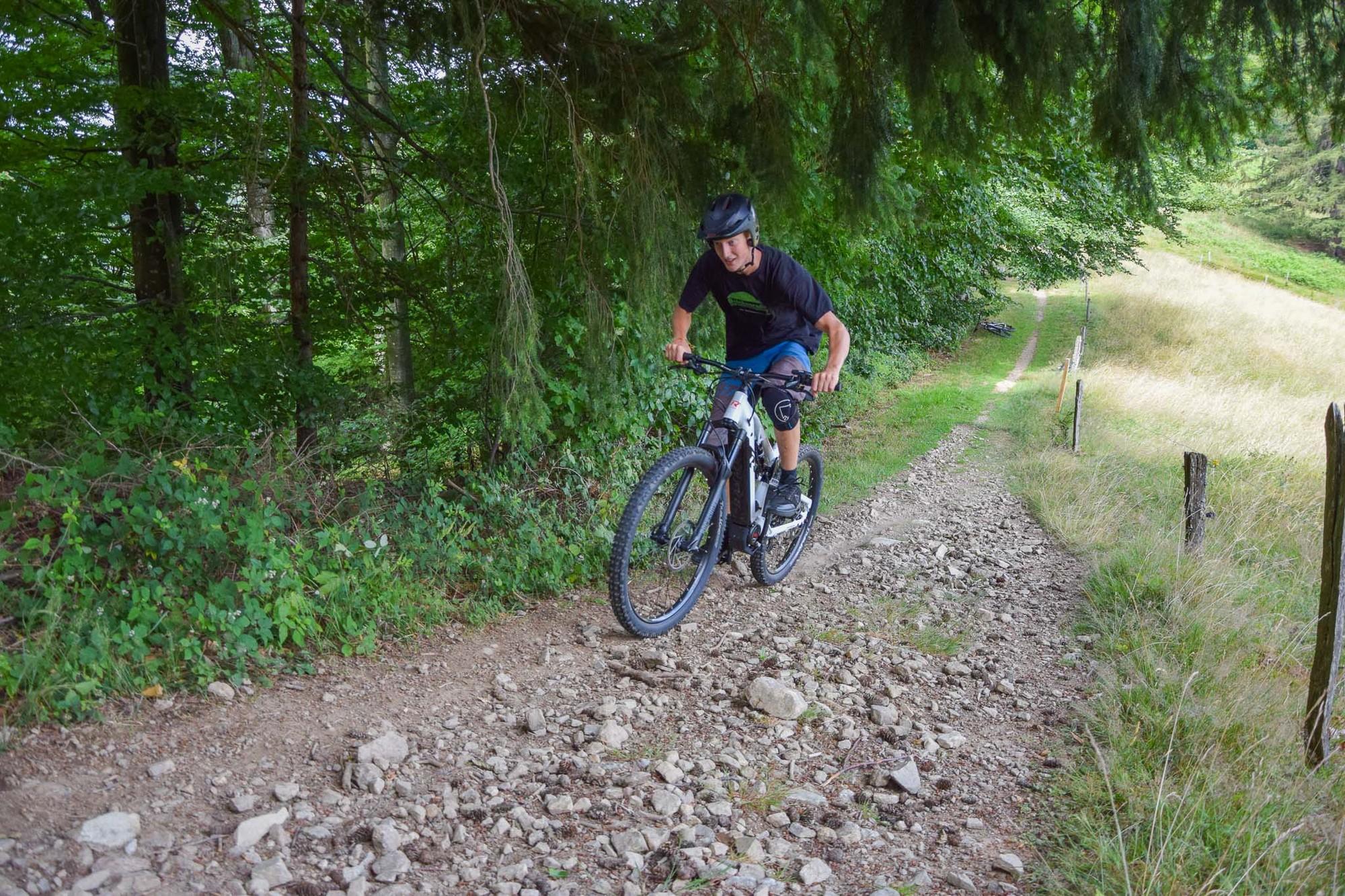 Ein Mann fährt mit dem TrailRay e-Bike einen Berg in der Natur hoch