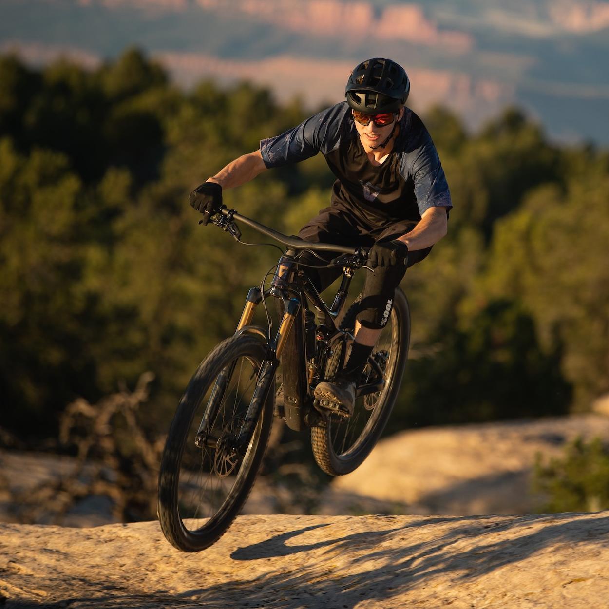 Eine Person fährt durch Gelände auf dem Giant Trance X Advanced E+ Elite e-MTB