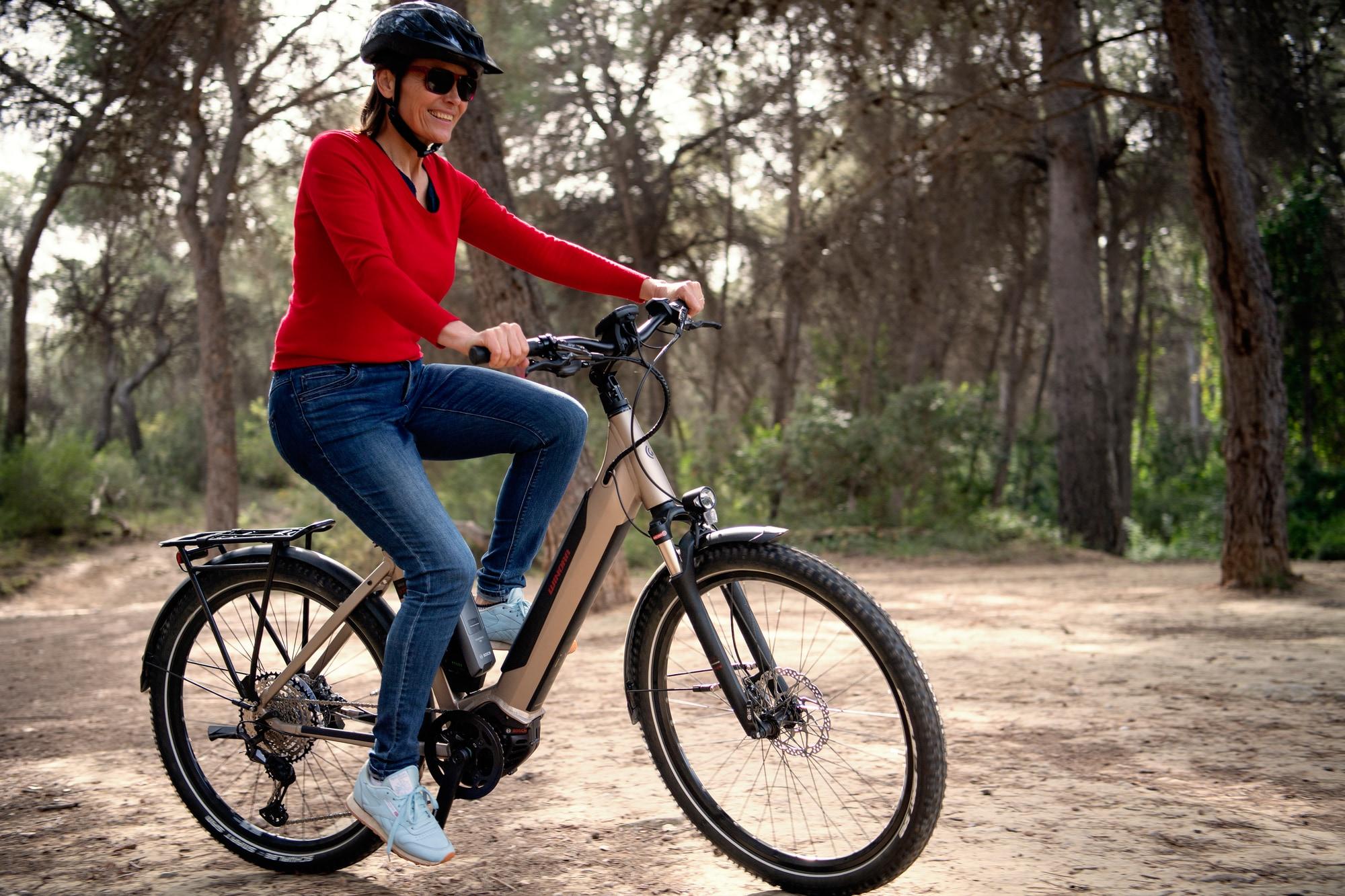 Entdecken Sie das Trekking-E-Bike Sinus iX12 im Wald. Perfekt für Abenteuer mit der ganzen Familie.