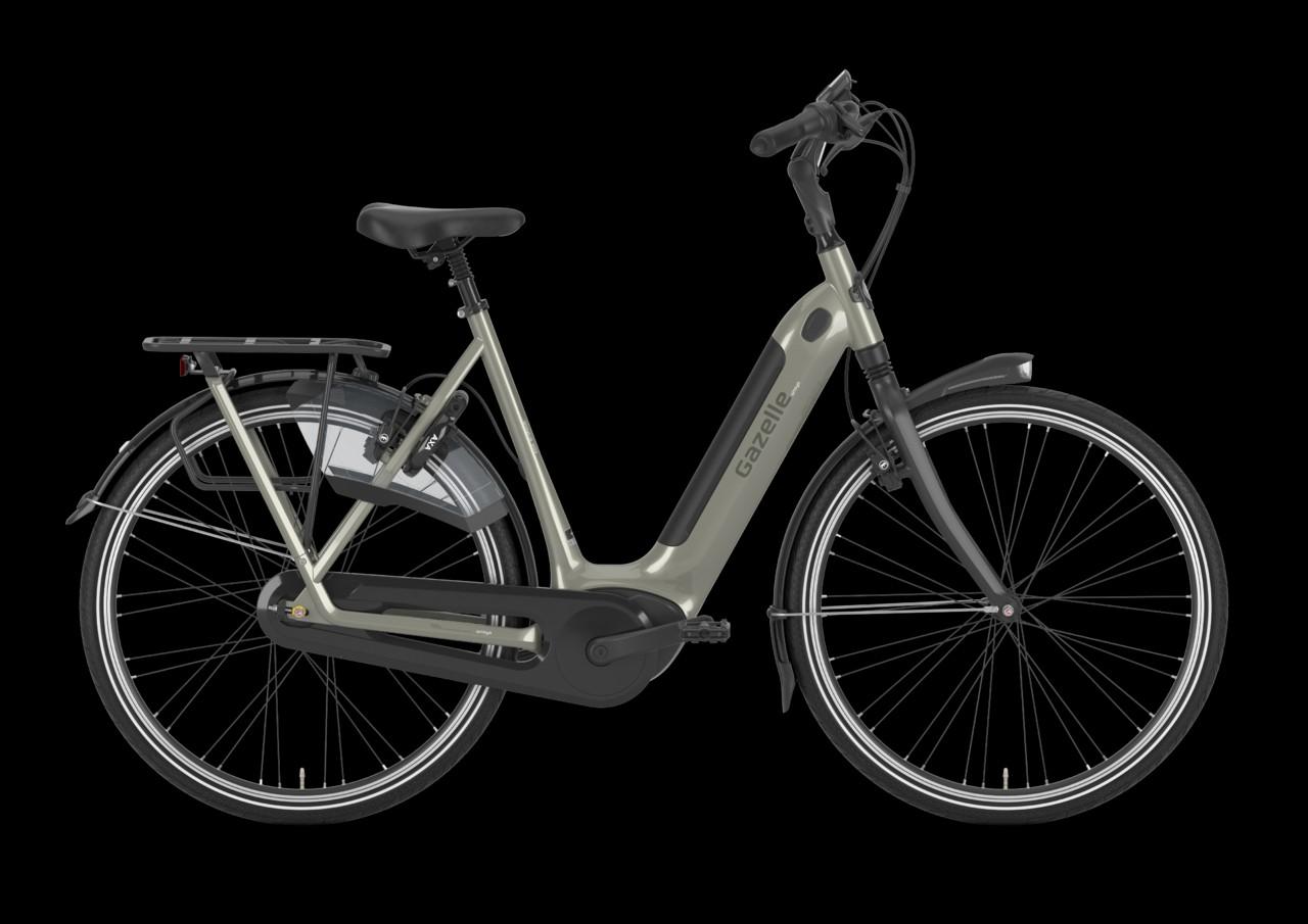 Das Gazelle Arroyo C5 E-Bike präsentiert sich in einer eleganten Warm Grey Farbgebung.