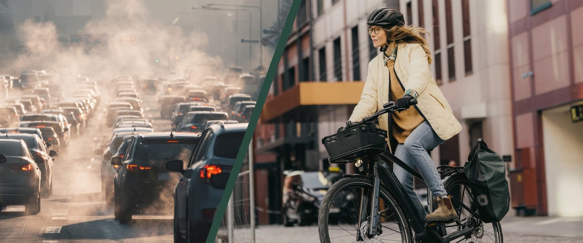 Vergleich Stau und Frau auf einem e-Bike unterwegs