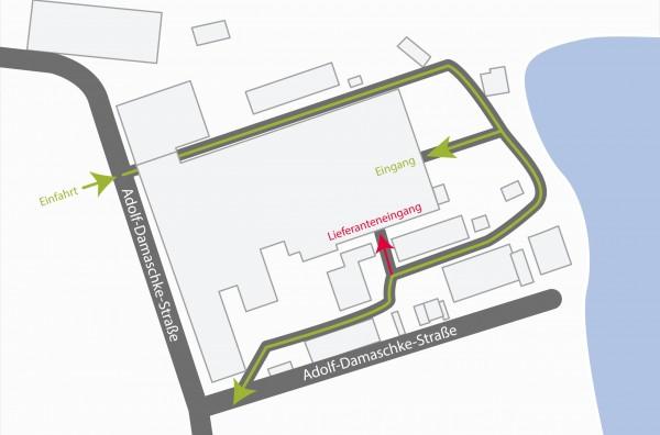 Das Bild zeigt eine Skizze zur Einfahrt der e-motion e-Bike Welt in Werder.