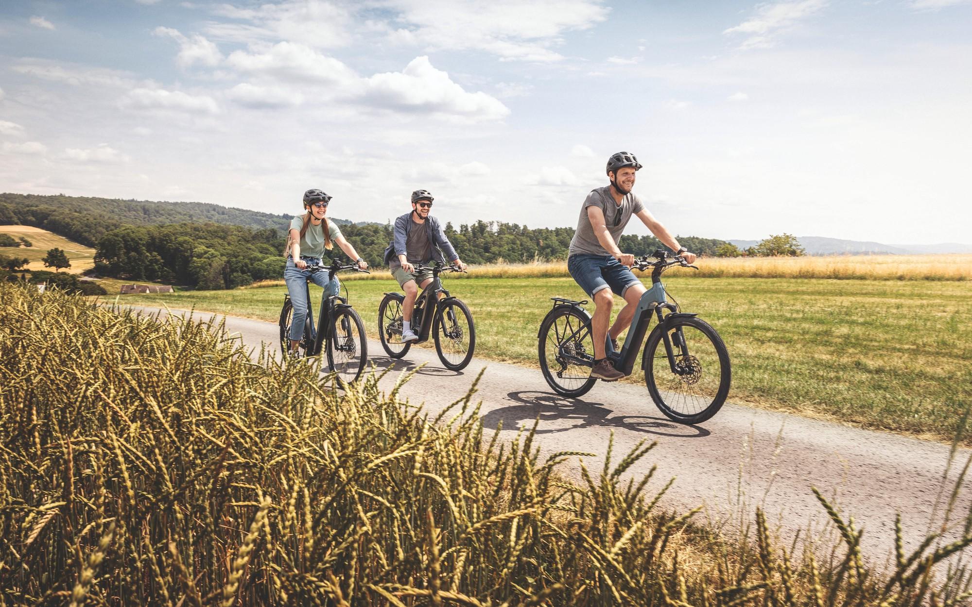 Das Bild zeigt drei E-Bike-Fahrer, die entspannt auf einem Asphaltweg durch eine malerische Landschaft fahren.
