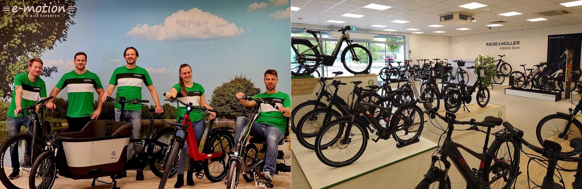 Das Bild zeigt die e-motion E-Bike Welt Inntal, wo eine Auswahl an E-Bikes und Fahrradzubehör präsentiert wird.