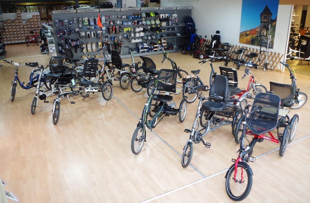 Im Verkaufsraum des Dreirad-Zentrums Stuttgart sind mehrere Dreiräder ausgestellt.
