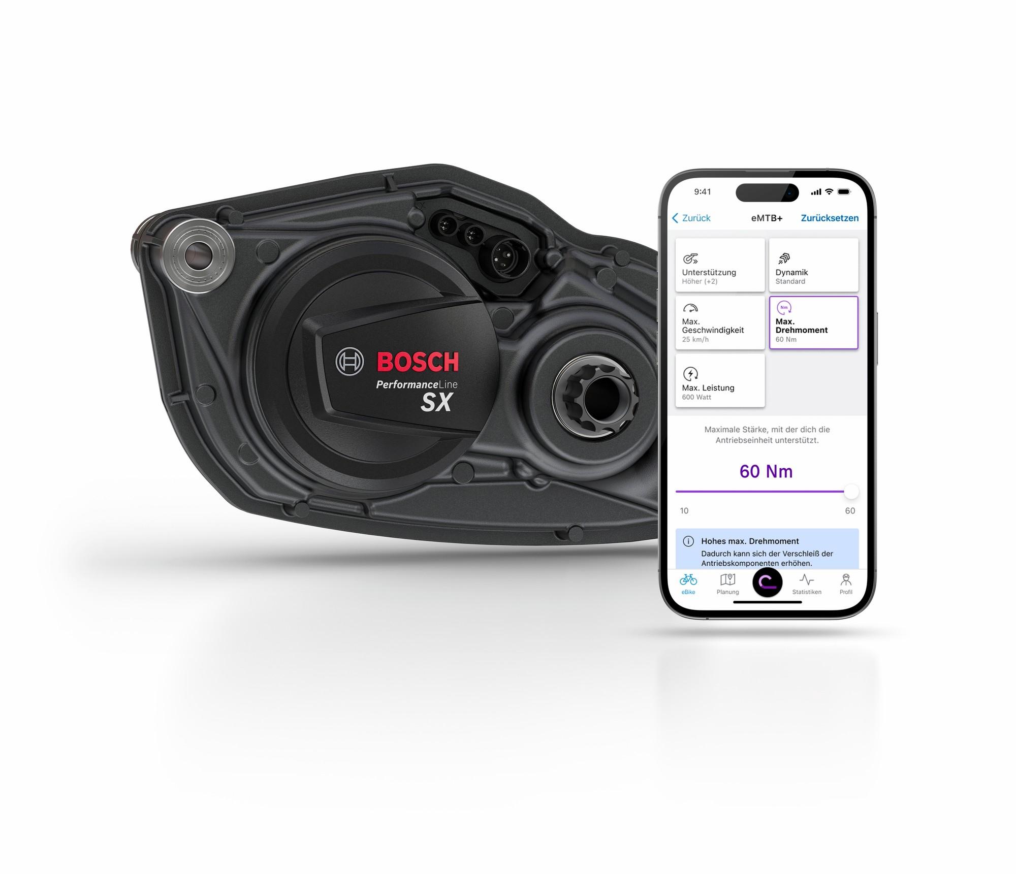Das Bild zeigt einen Bosch Performance Line SX Motor mit App