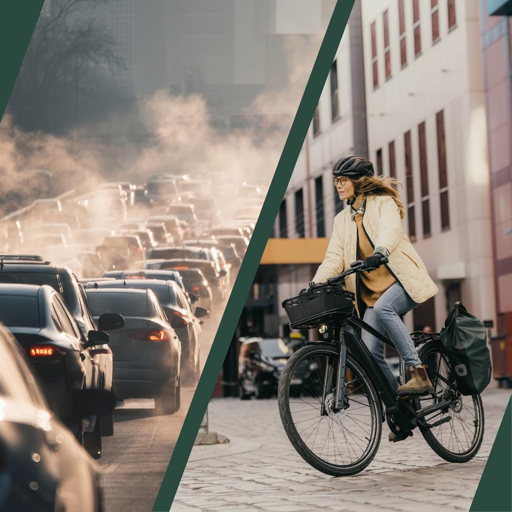 Vergleich Stau und Frau auf einem e-Bike unterwegs