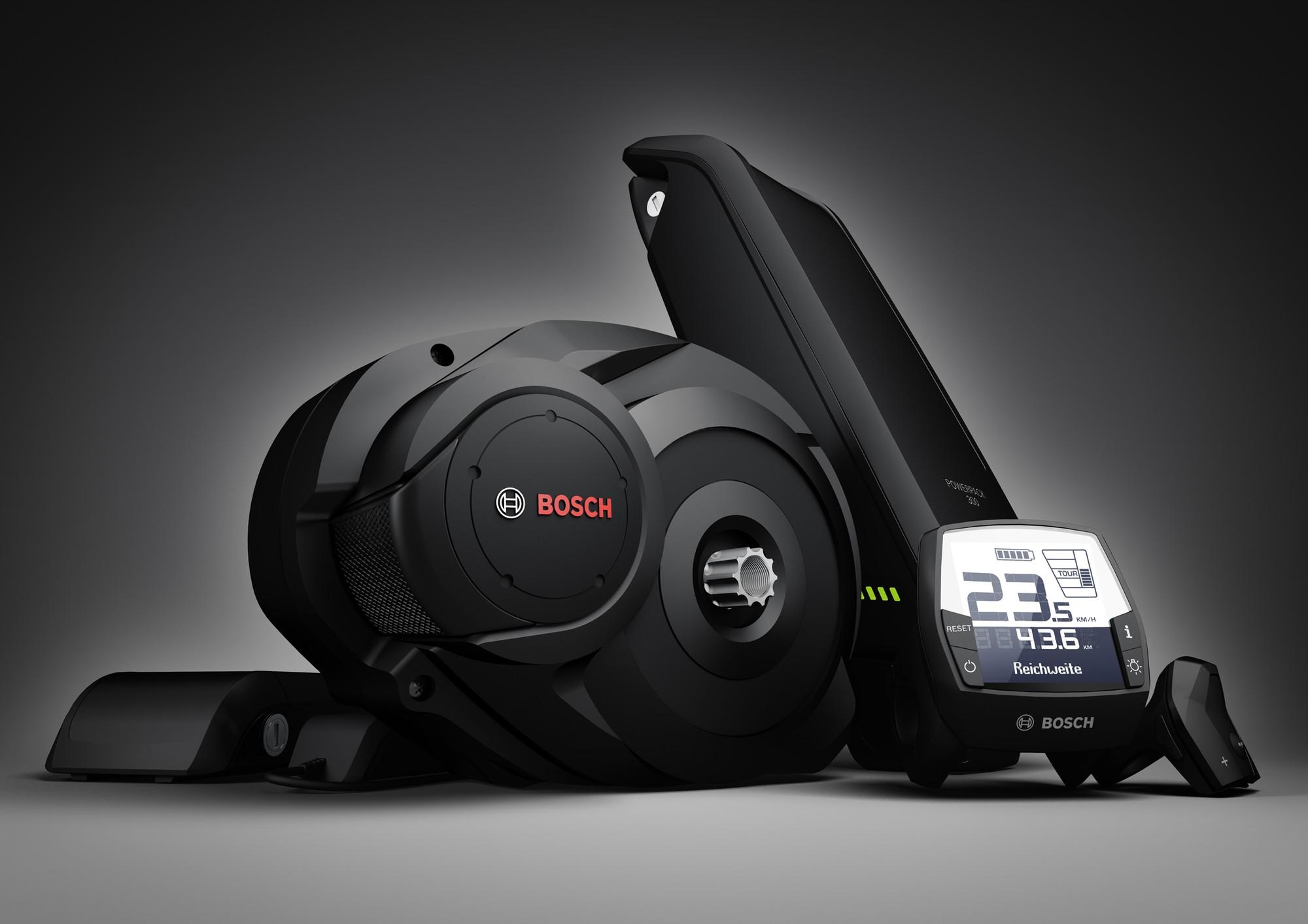 Das Bild zeigt die neuesten Komponenten von Bosch für E-Bikes aus dem Jahr 2017.