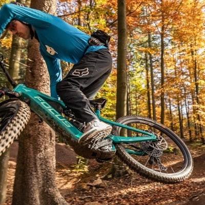 Zwei Mountainbiker auf Focus Bikes im herbstlichen Wald