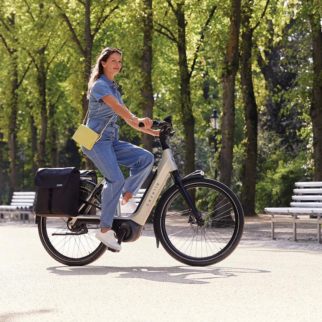 Fahren Sie stilvoll durch Düsseldorf mit dem Gazelle E-Bike, perfekt für Stadtfahrten und entspannte Touren im Grün