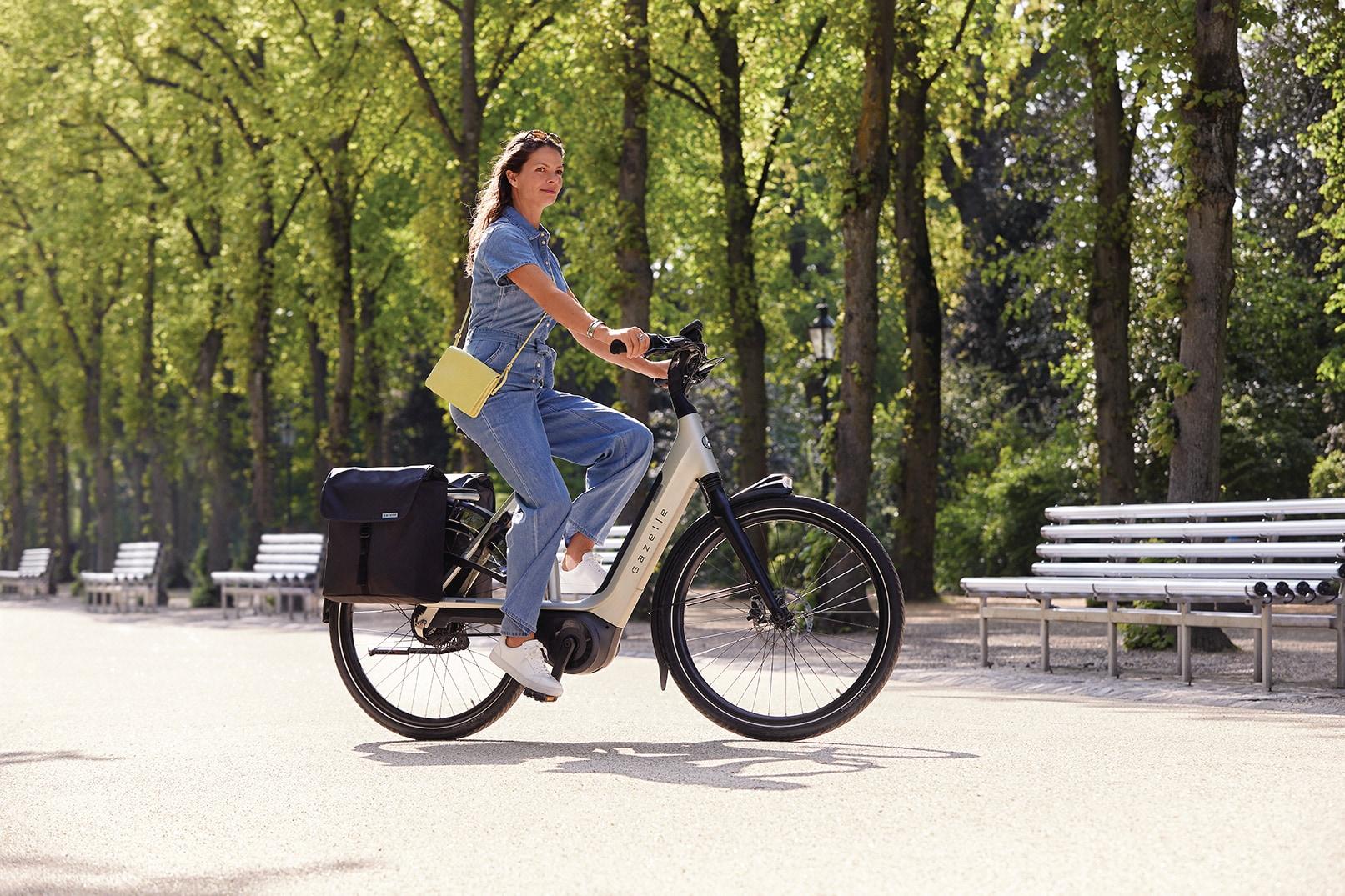 Fahren Sie stilvoll durch Düsseldorf mit dem Gazelle E-Bike, perfekt für Stadtfahrten und entspannte Touren im Grün