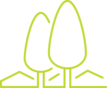 Stilisierte Grafik mit Bäumen und Hügeln, geeignet für Outdoor-Themen und Trekking-Inhalte.