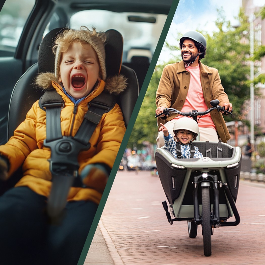 Links ein schreiendes Kind im Auto, rechts ein Vater mit einem glücklichen Kind im Lastenrad