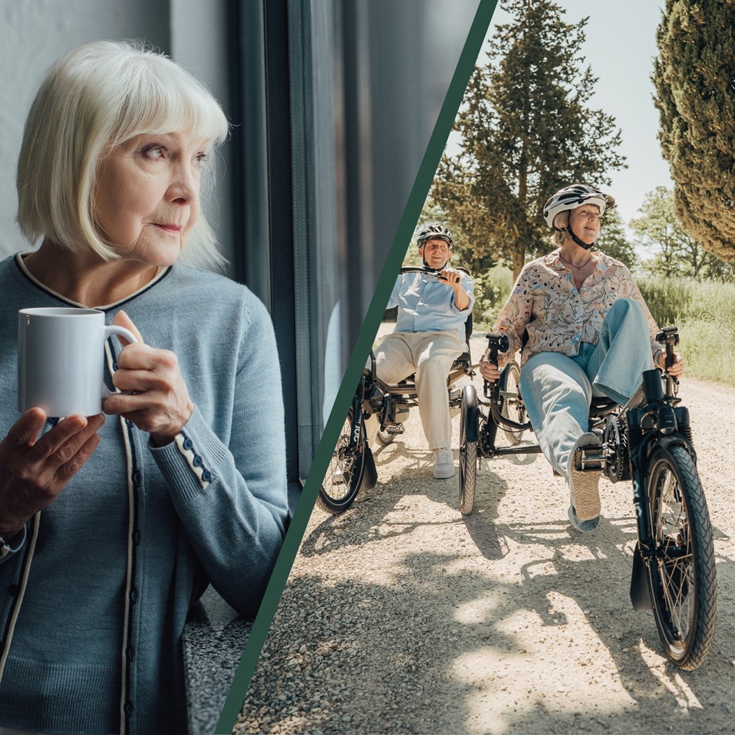 Personen auf dem Dreirad und auf der anderen Seite eine Frau die alleine zuhause ist