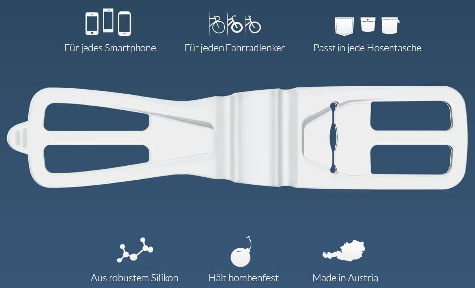 Flexible Fahrrad-Smartphone-Halterung aus robustem Silikon, passt in jede Hosentasche. Made in Austria, ideal für u