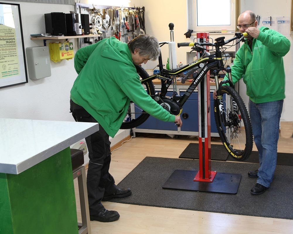 Professionelle Wartung eines Haibike E-Bikes mit Bosch Motor in moderner Werkstatt. Kompetentes Personal für Ihr E-