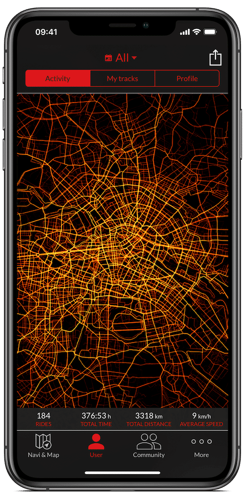 Visualisieren Sie Ihre Aktivitäten mit einer dynamischen Heatmap auf dem Smartphone. Erfassen Sie Fahrten, Zeiten u