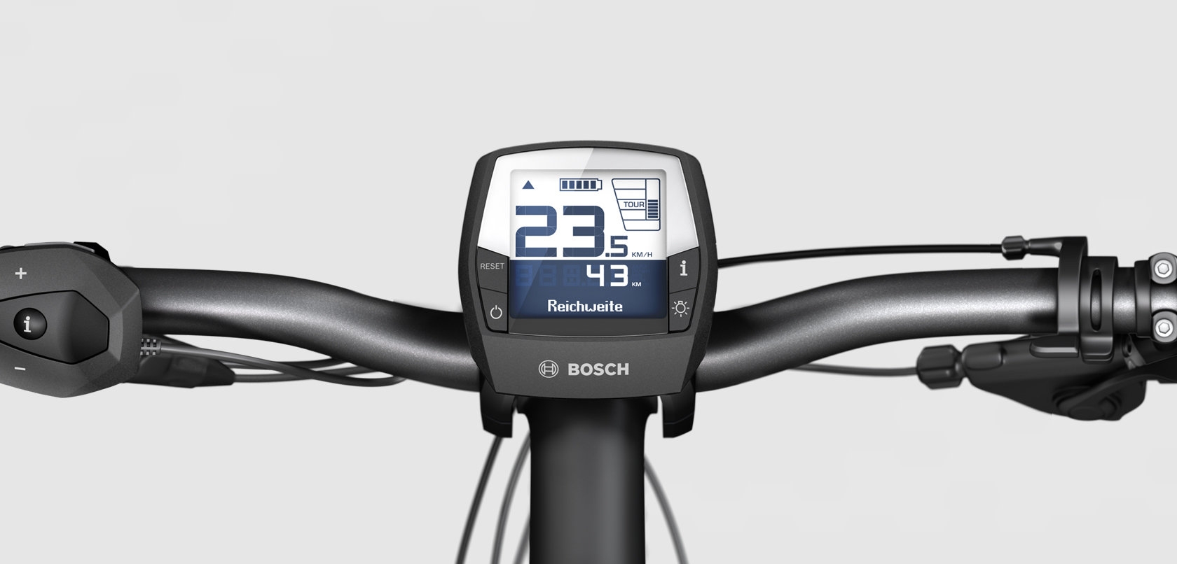 Praktisches Bosch Intuvia Display für E-Bikes – bietet Geschwindigkeit, Reichweite und Tour-Informationen auf einen