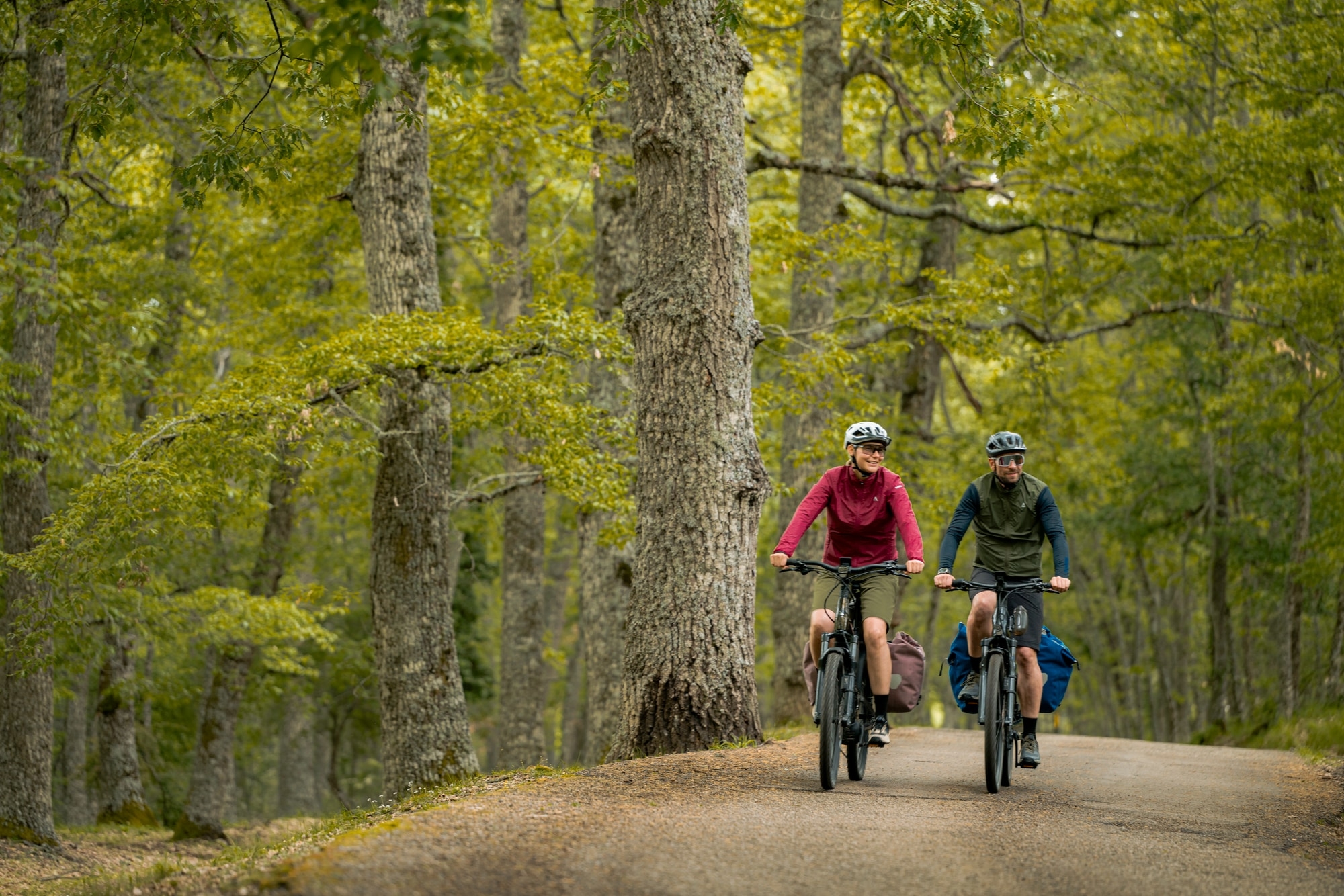 Zwei Personen fahren durch den Wald auf Bosch e-Bikes