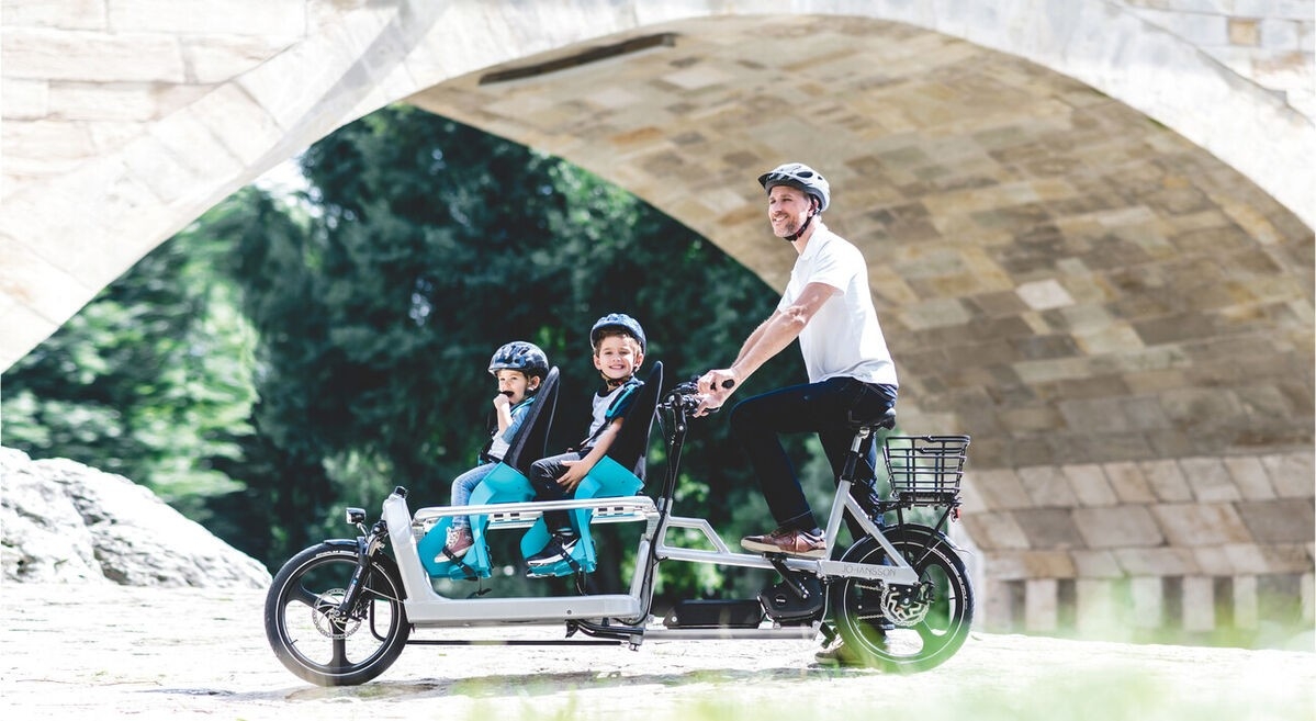Das Bild zeigt ein modernes E-Bike, das für den Transport von Kindern konzipiert ist.