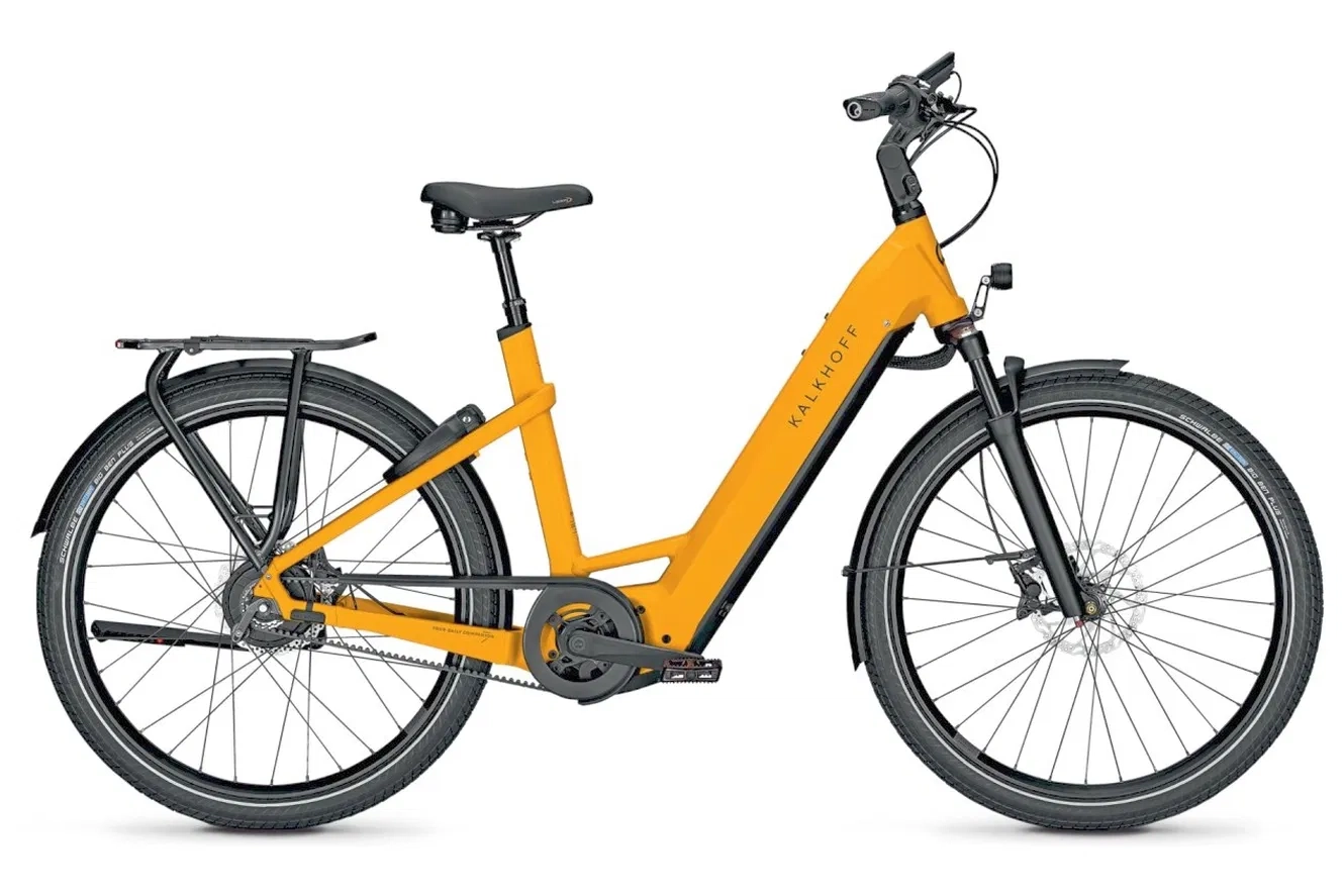 Entdecken Sie das Kalkhoff E-Bike in leuchtendem Gelb. Perfekt für Stadtfahrten mit moderner Technik und elegantem
